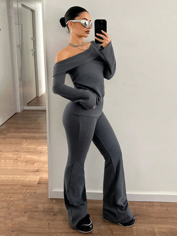 1 Set Solid Color Oblique Shoulder Long Sleeve T-Shirt And Low Waist Long Pants