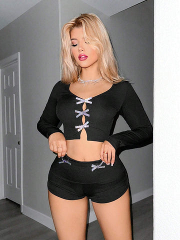 1 Set Women Minimalist Style Long Sleeve Top And Shorts, Casual Everyday Wear