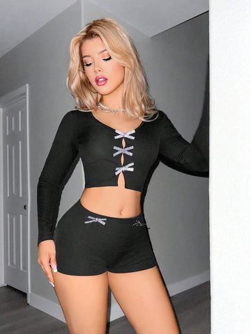 1 Set Women Minimalist Style Long Sleeve Top And Shorts, Casual Everyday Wear