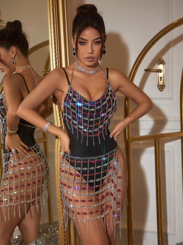 1pc Women's Rhinestone Chain Halter Tank Top And 1pc Side Slit Skirt Set