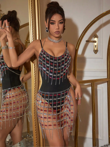 1pc Women's Rhinestone Chain Halter Tank Top And 1pc Side Slit Skirt Set