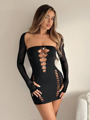 2pcs/Set Mesh Halter Top And Bodycon Rhinestone Decorated Mini Dress Set