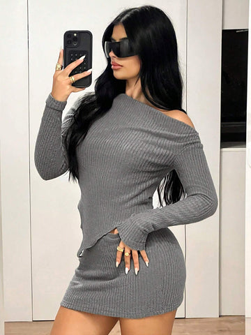 2pcs/Set Sexy Two Piece Set Y2k Women Going Out Fall One-Shoulder Asymmetric Long Sleeve Top And Wraparound Min Skirt