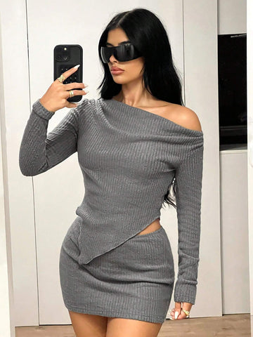 2pcs/Set Sexy Two Piece Set Y2k Women Going Out Fall One-Shoulder Asymmetric Long Sleeve Top And Wraparound Min Skirt