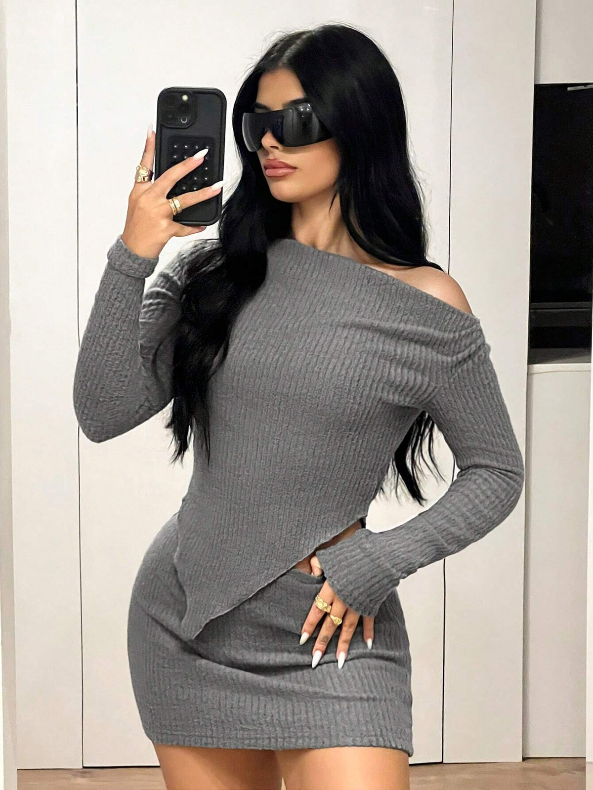 2pcs/Set Sexy Two Piece Set Y2k Women Going Out Fall One-Shoulder Asymmetric Long Sleeve Top And Wraparound Min Skirt