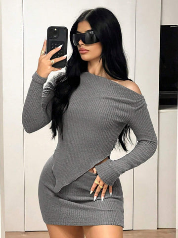 2pcs/Set Sexy Two Piece Set Y2k Women Going Out Fall One-Shoulder Asymmetric Long Sleeve Top And Wraparound Min Skirt