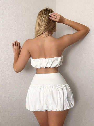 2pcs/Set Women Fitted Puffed Ruched Bandeau Top + A-Line Skirt Set