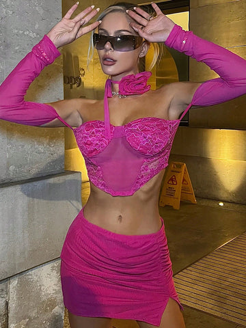 3D Floral Tie Neck Lace Crop Top & Split Hem Skirt