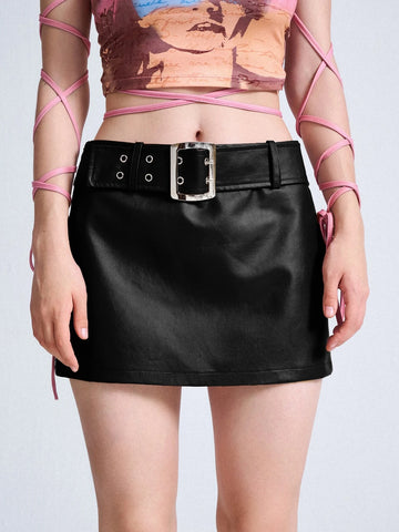 ICON 90s Buckle Belted PU Leather Skirt