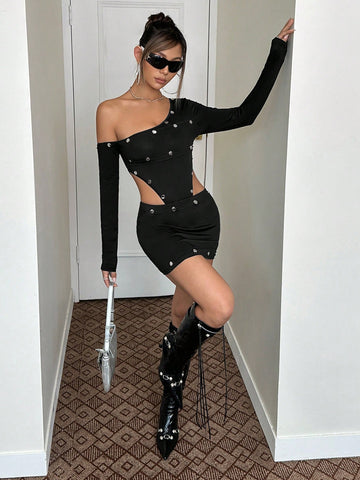 Asymmetrical Neck Bodysuit & Bodycon Skirt