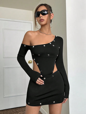 Asymmetrical Neck Bodysuit & Bodycon Skirt