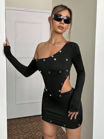 Asymmetrical Neck Bodysuit & Bodycon Skirt