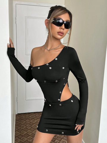 Asymmetrical Neck Bodysuit & Bodycon Skirt