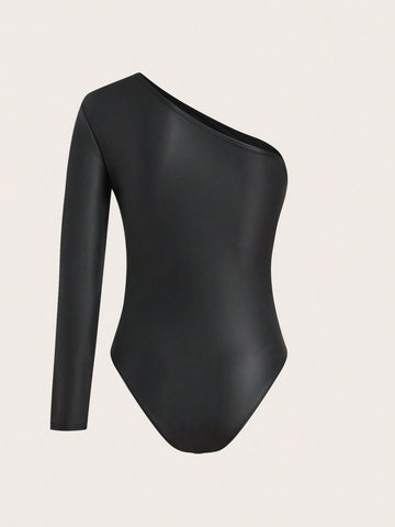 Asymmetrical Neckline Sheer Mesh Splice Bodysuit