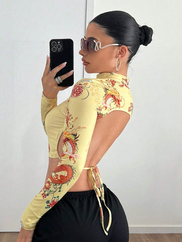 Backless Stand Collar Long Sleeve Printed Y2K Graphic Fall Dragon Printed Open Back T-Shirt