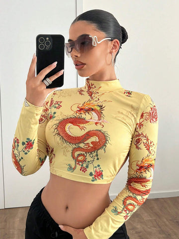 Backless Stand Collar Long Sleeve Printed Y2K Graphic Fall Dragon Printed Open Back T-Shirt