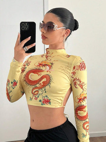 Backless Stand Collar Long Sleeve Printed Y2K Graphic Fall Dragon Printed Open Back T-Shirt