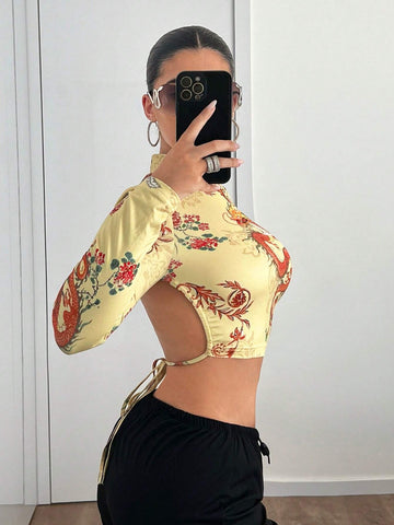 Backless Stand Collar Long Sleeve Printed Y2K Graphic Fall Dragon Printed Open Back T-Shirt