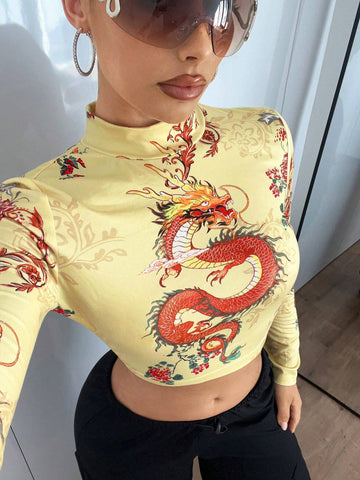 Backless Stand Collar Long Sleeve Printed Y2K Graphic Fall Dragon Printed Open Back T-Shirt