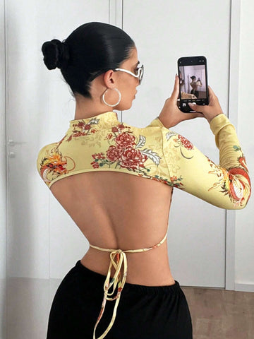Backless Stand Collar Long Sleeve Printed Y2K Graphic Fall Dragon Printed Open Back T-Shirt