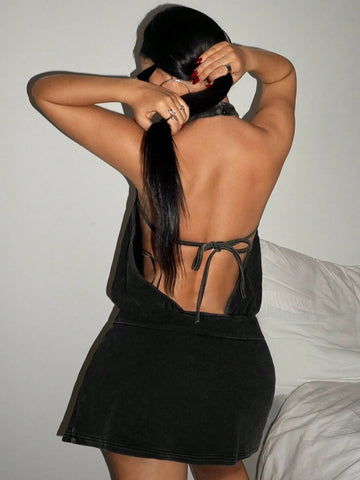 Backless Washed Sleeveless Music Festival Fashion Summer Dress With Neck Strap