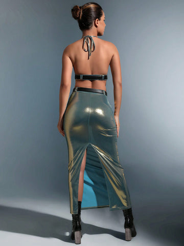 Belted Metallic Halter Top & Pencil Skirt
