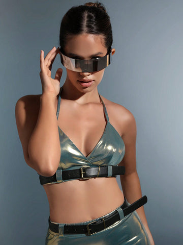Belted Metallic Halter Top & Pencil Skirt