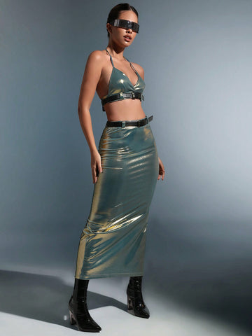Belted Metallic Halter Top & Pencil Skirt