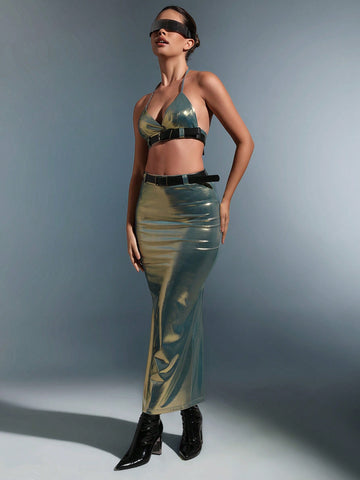 Belted Metallic Halter Top & Pencil Skirt