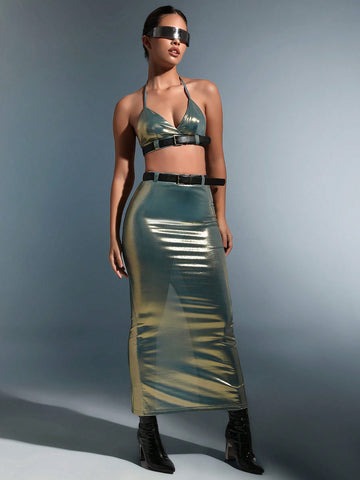 Belted Metallic Halter Top & Pencil Skirt
