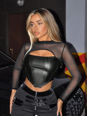 Black PU Mesh Cut Out Front Asymmetrical Hem Crop Tee