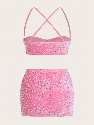 Butterfly Knot Decorated Padded Hollow Out Cami Top And Ultra-Low Waist Skirt Two Piece Set