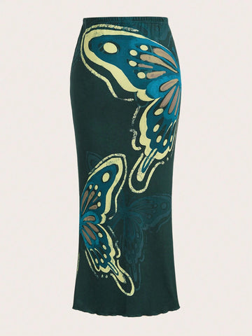 ICON Butterfly Print Lettuce Trim Skirt