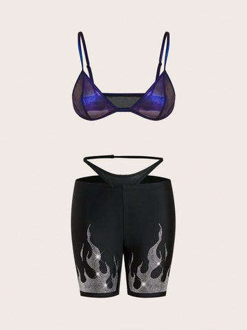 Cami Crop Top With Flame Printed Rhinestones & Cut-Out Waist Shorts Set