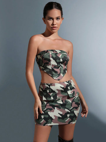 Camo Print Bandana Hem Crop Tube Top & Bodycon Skirt