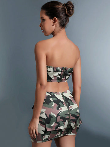 Camo Print Bandana Hem Crop Tube Top & Bodycon Skirt