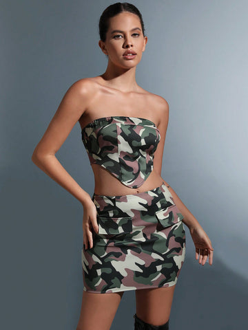 Camo Print Bandana Hem Crop Tube Top & Bodycon Skirt