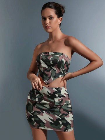 Camo Print Bandana Hem Crop Tube Top & Bodycon Skirt