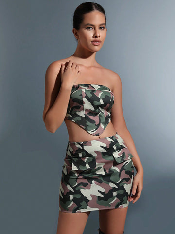 Camo Print Bandana Hem Crop Tube Top & Bodycon Skirt