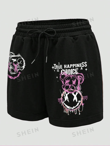 ICON Cartoon Graphic Drawstring Waist Shorts