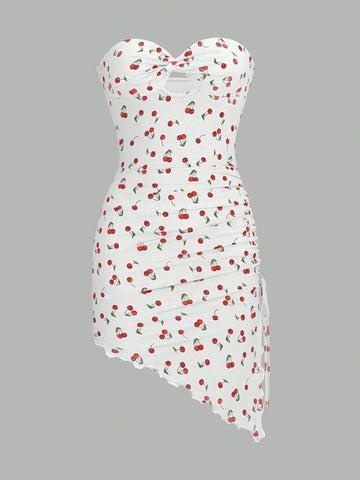 Cherry Printed Strapless Dress With Hollow Out And Twisted Knot Detailing