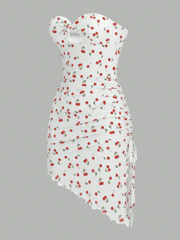 Cherry Printed Strapless Dress With Hollow Out And Twisted Knot Detailing