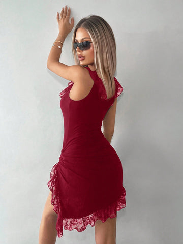 Contrast Lace Drawstring Side Ruffle Trim Asymmetrical Dress