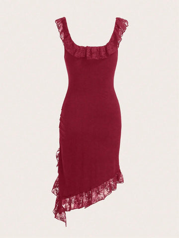 Contrast Lace Drawstring Side Ruffle Trim Asymmetrical Dress