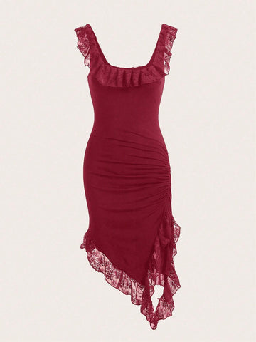Contrast Lace Drawstring Side Ruffle Trim Asymmetrical Dress