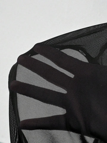 Corn Fiber Strapless Cut-Out Studs Bodysuit Skirt Two-Piece Set With PU Net Splicing