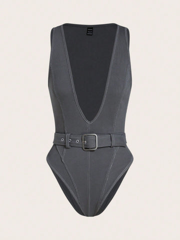 Deep V Neck Sleeveless Bodysuit