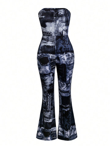 Denim Patterned Strapless Jumpsuit With Flared Pants