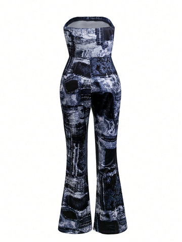 Denim Patterned Strapless Jumpsuit With Flared Pants