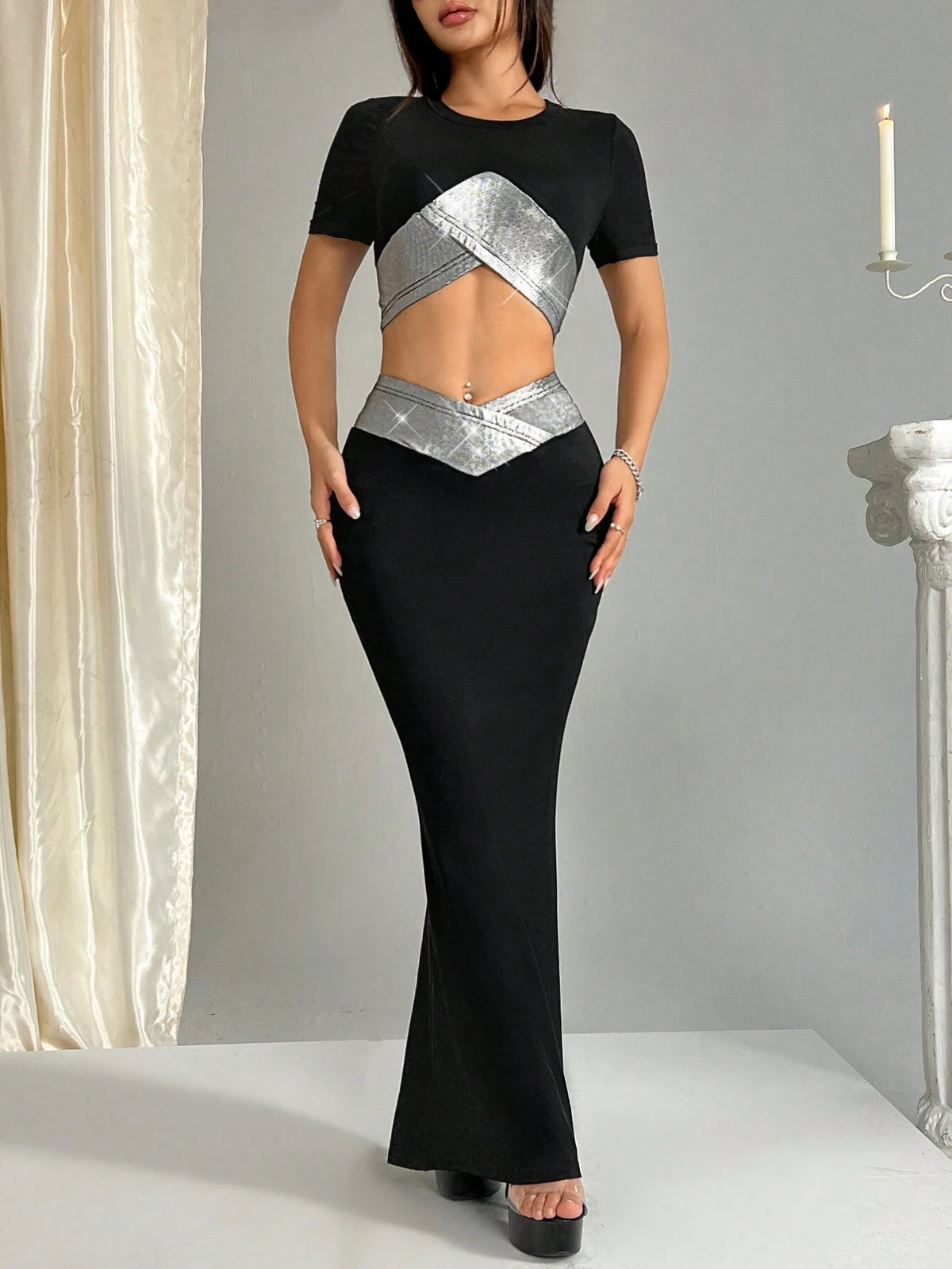 Elegant Women's Summer Asymmetrical Color Block Short Sleeve Top And Mermaid Hem Long Bodycon Skirt Suit Set